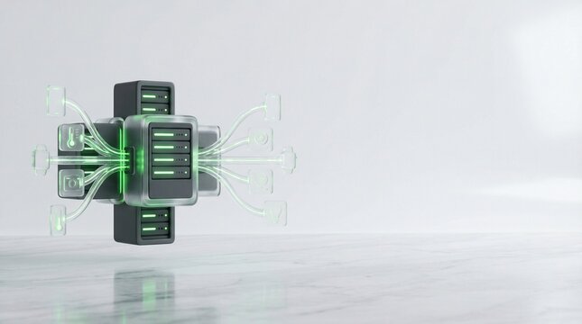 Enterprise edge computing analytics infrastructure with 3D server racks and glowing connection nodes on dark marble, translucent liquid glass aesthetic with copy space