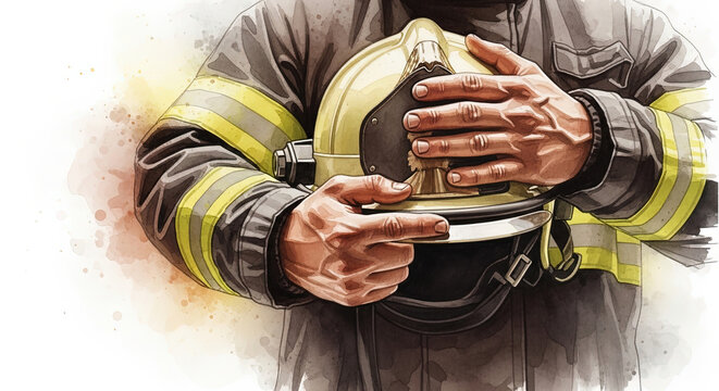 Dedicated firefighter showing pride and heroism while holding their helmet against a soft watercolor background, with copy space for International Firefighters' Day poster