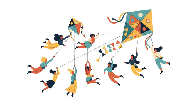People flying kites illustration against white background