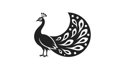 Fototapeta premium Elegant Black Peacock Silhouette Vector Illustration with Stylized Decorative Tail Feathers on White Background