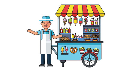 A cheerful vendor stands beside his colorful food cart displaying various treats a charming silhouette high quality professional detailed modern elegant © CreativeAkash099