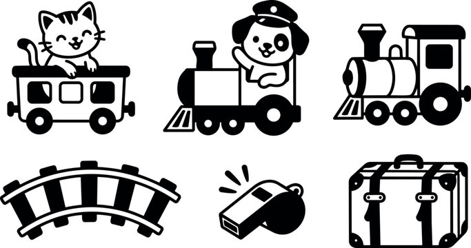 Black and white cartoon cat in train car and dog driving locomotive with whistle and suitcase
