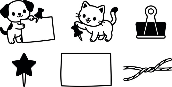 Cute cartoon dog and cat holding push pins with office clips and note icons