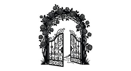 Fototapeta premium An ornate open gate adorned with roses and foliage creates a welcoming archway presented as a silhouette high quality professional detailed