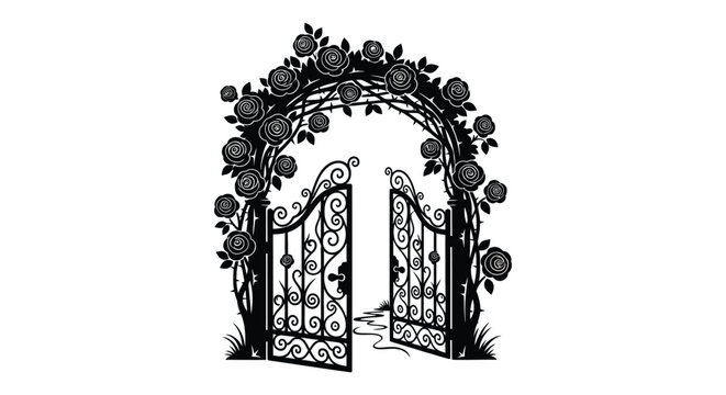An ornate open gate adorned with roses and foliage creates a welcoming archway presented as a silhouette high quality professional detailed