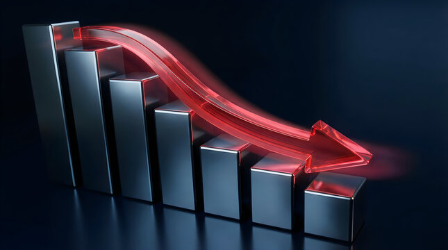 Declining business graph, falling chart, red arrow, decreasing trend, financial loss