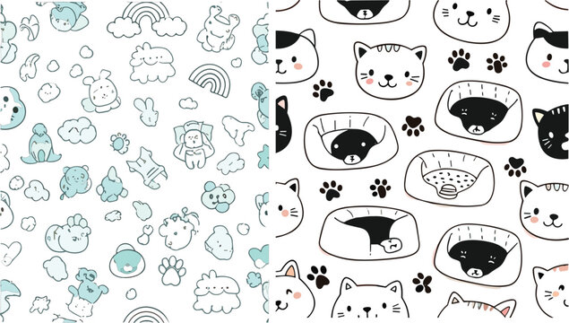 Cute Cat Seamless Pattern Collection Featuring Kawaii Kittens, Beds, Paw Prints and Cozy Pet Elements Soft Minimal Background Vector Illustration Set