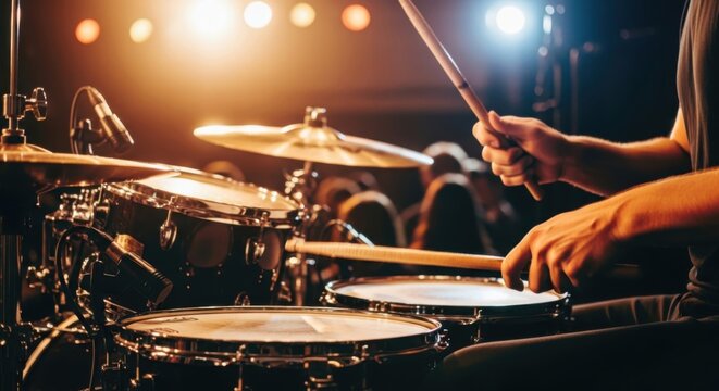 Drummer performing on stage with illuminated drum set under bright concert lights