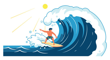 A surfer rides a large curling wave under a bright sun depicted in a striking flat vector silhouette high quality professional © CreativeAlim02