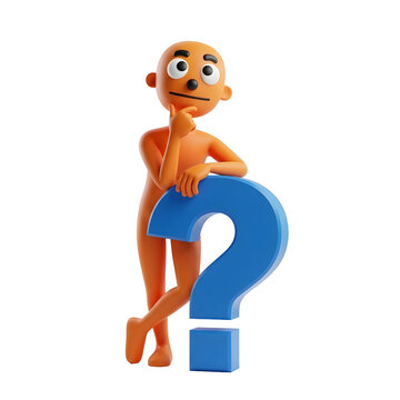 Orange 3D character leaning on a large blue question mark, concept of confusion, help, and problem-solving