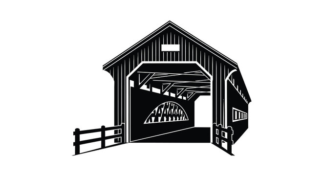 A detailed black and white illustration depicts a classic covered bridge with intricate wooden structure presented as a silhouette high quality