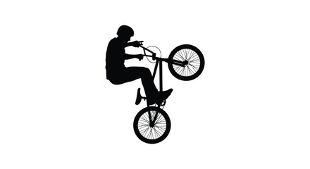 Naklejka premium A dynamic black silhouette depicts a bmx rider performing a wheelie against a plain white background silhouette high quality professional detailed