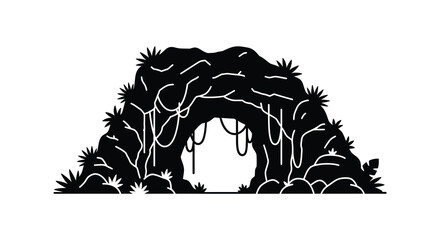 A striking black silhouette depicts a jungle cave entrance framed by lush vegetation and hanging vines silhouette high quality professional detailed © CreativeAkash099