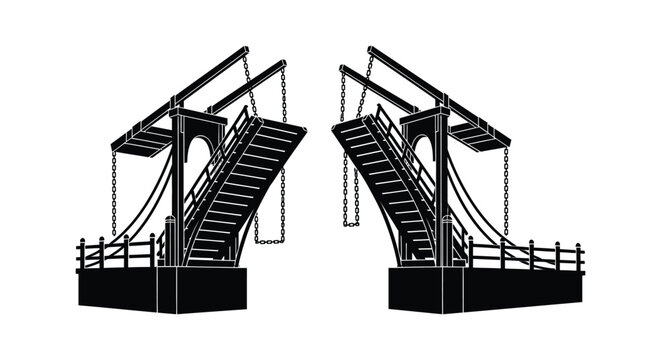 A striking black and white depiction of two drawbridges suspended by chains presented as a silhouette high quality professional detailed modern