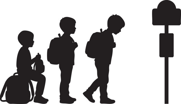 Young student's silhouette journey to school, patiently waiting at the bus stop, symbolizing early education and daily commutes