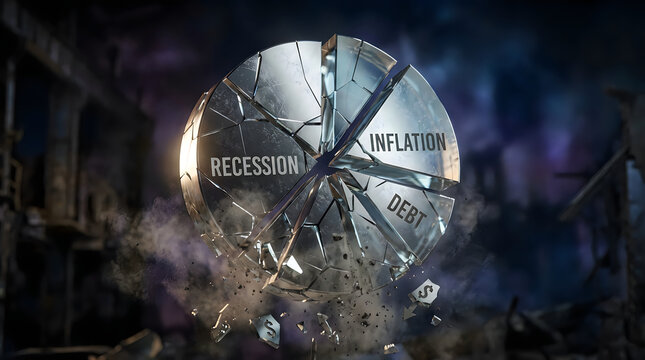 Shattered economy clock, recession, inflation, debt concept, financial crisis