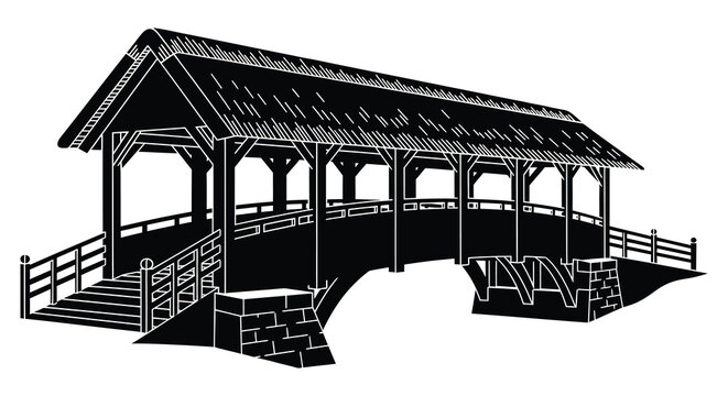 A detailed black and white illustration depicts a covered bridge with a distinct architectural style presented as a silhouette high quality