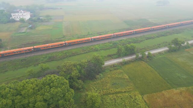 Aerial View of Indian Railway, Train Journey, Vande Bharat Express,