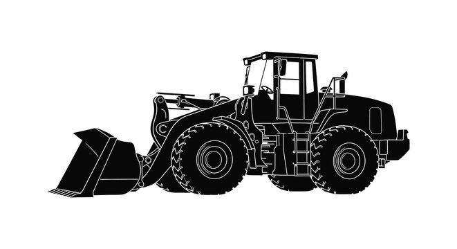 A stark black silhouette of a heavy duty front end loader showcasing industrial machinery in a minimalist style silhouette high quality professional detailed