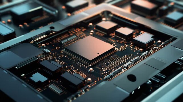 Microchip mounted on a dark circuit board with glowing golden traces and electronic components, symbolizing advanced technology, data processing, and future innovation