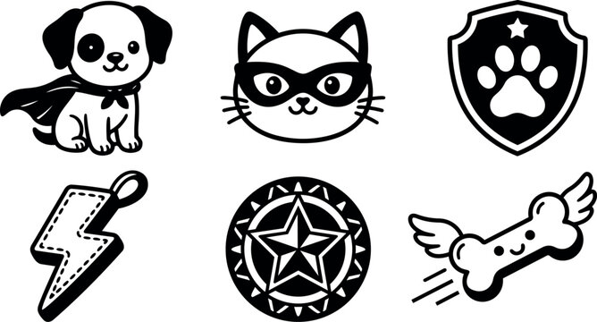 Black and white superhero dog cat mask paw shield lightning bone wings vector art