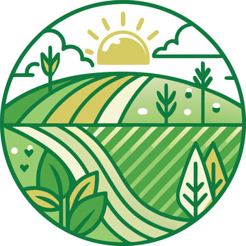 Green landscape with sun clouds and plants in circle frame