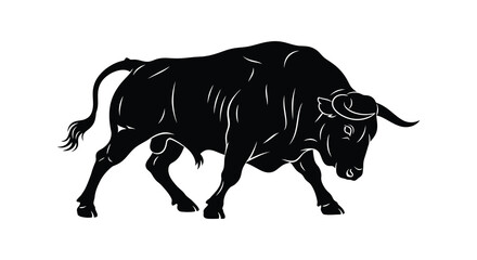 A powerful black bull stands in a charging pose depicted as a striking detailed silhouette high quality professional modern elegant stylish © GDSneha02