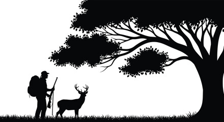 A hunter stands with a rifle facing a deer beneath a large tree depicted in stark silhouette high quality professional detailed © CreativeAkash099