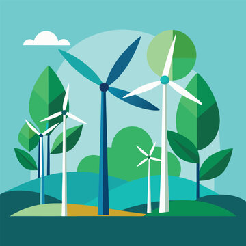 Wind turbines and green trees on rolling hills with blue sky