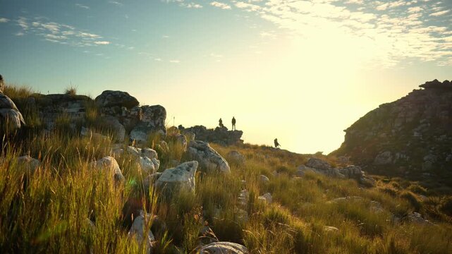 Sunrise Hikers Above Cape Town Fynbos, Rocky Outcrops And Golden Light Silhouetted Figures Traverse Grassy