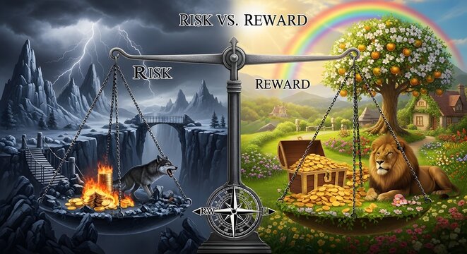 Balanced Scale Between Dark Mountain and Sunny Orchard with Rainbow