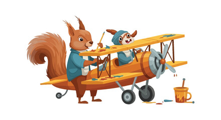 A cheerful squirrel and dog pilot an orange biplane painting and enjoying a drink a whimsical silhouette high quality professional detailed © GDOthoi02