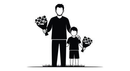 A father and son stand together each holding bouquets of flowers depicted in a striking silhouette high quality professional detailed modern © CreativeAkash099