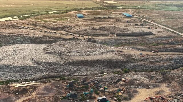 Aerial View of Waste Processing and Recycling Plant in Landfill Industrial Site