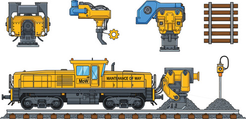 Heavy railroad maintenance machinery vector set with yellow locomotive ballast tamper and track sections for railway infrastructure engineering designs, © shahariar
