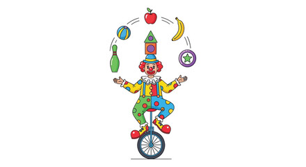 A colorful clown juggles various objects while riding a unicycle showcasing a striking silhouette high quality professional detailed modern elegant stylish © GDOthoi02