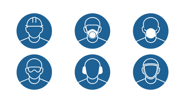 Six blue circular showing safety equipment for head face ears and eyes keywords: protection symbol