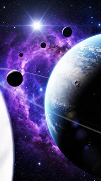 Stunning vertical view of cosmic space. Planets orbit around bright star in vibrant galaxy. Universe showcases beauty, mystery, and exploration potential.