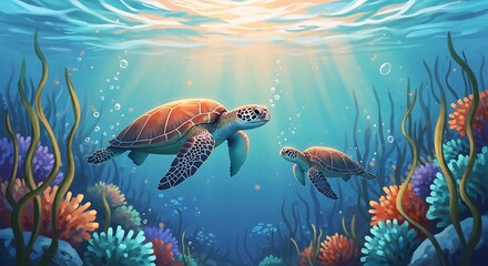 Fototapeta premium Celebrating world oceans day with sea turtles in their natural habitat