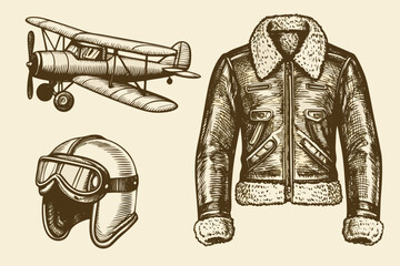 Vintage aviation gear including a biplane jacket and flying helmet © Buddiswar