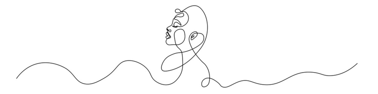 Minimalist illustration of a girl's face, made with one continuous line in monoline style. Smooth, graceful line forms elegant facial features with harmonious proportions, conveying femininity, tender
