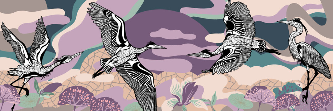 Three Herons Flying over Abstract Hills at Sunset in Earthy Purple, Brown and Beige Tones