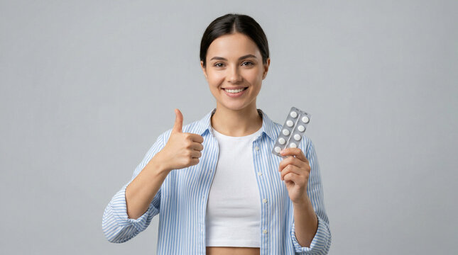 Smiling woman holding a blister pack of pills and giving a thumbs up, isolated on gray background, concept of health and wellness, clear skin, thumbs up, brown hair