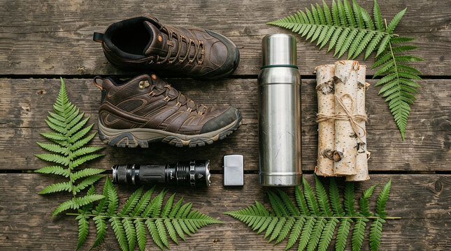 Hiking boots and gear laid out on rustic wooden planks with ferns, flat lay composition for outdoor adventure, camping, and travel, still life, outdoor recreation