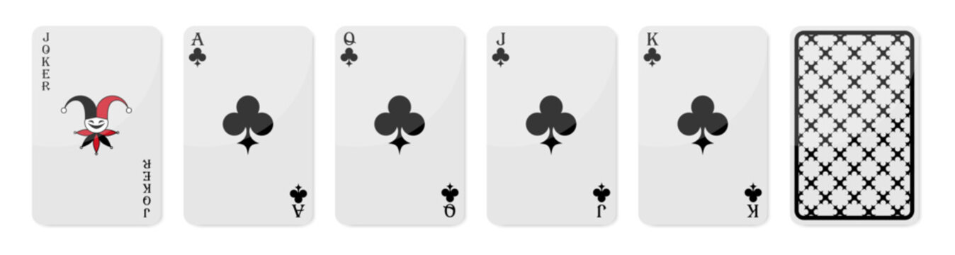 Set of high value playing cards of Clubs. Joker, Ace of Clubs, Queen, Jack and King. Playing cards with back side. Vector illustration
