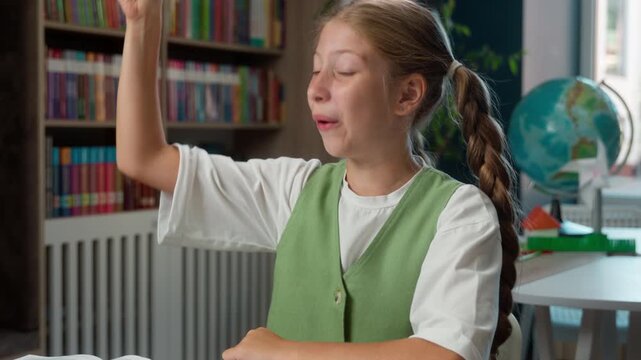 Puzzled thinking Caucasian little girl daughter finding solution holding pen ready to writing schoolgirl think coming up with idea school child kid pupil creating find inspiration raising finger write