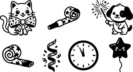 Fototapeta premium Cute cat with bow and playful dog holding sparkler with party decorations vector black and white