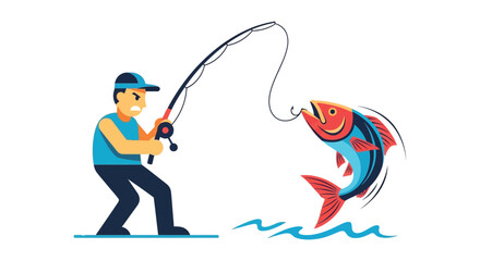 A vibrant illustration depicts a fisherman struggling with a large fish on a line a striking silhouette high quality professional detailed © CreativeAkash099
