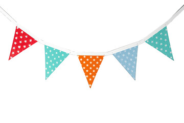 Obraz premium Colorful star pattern bunting garland with pennant flags hanging for celebration and festive party decoration on transparent background
