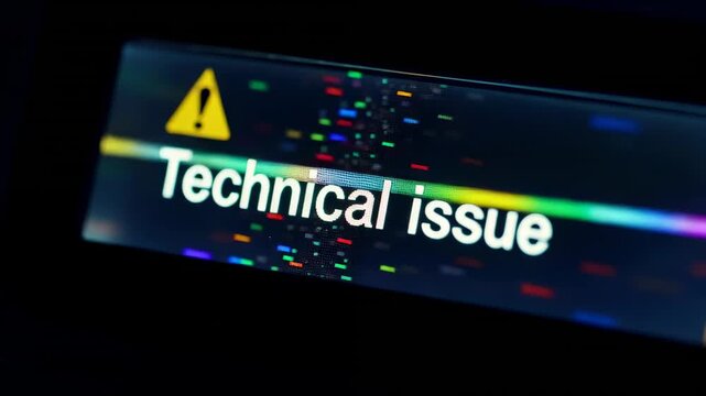 This captures a close-up shot of a screen displaying a technical issue warning. The screen has a dark background with a yellow triangle and white text warning of a technical issue. Colorful glitches